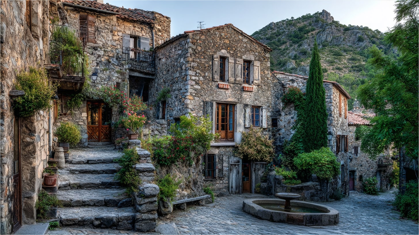 Village de la vallée de l’Orb avec sa fontaine centrale, son chai et ses maisons qui s’animent à la belle saison